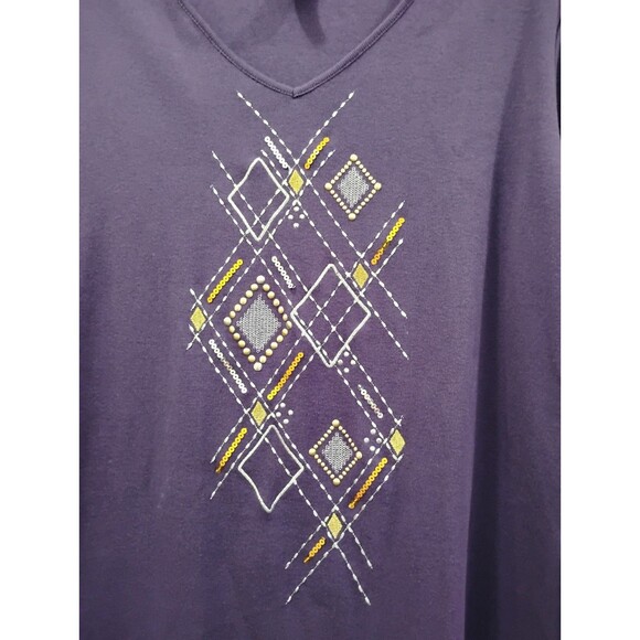 Karen Scott Pullover Knit Top Decor V-Neck 3/4 Sleeve SZ M Purple Cotton Blouse - Picture 3 of 7